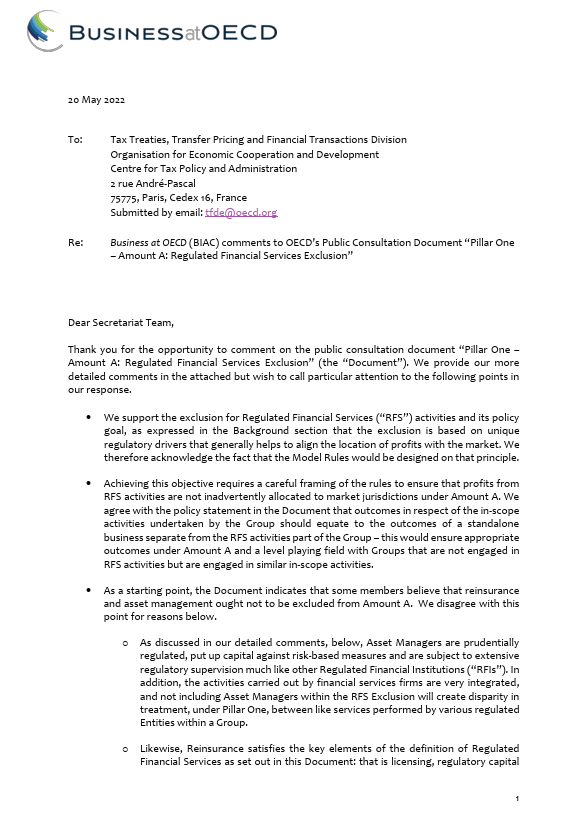 PILLAR ONE COMMENT TO REGULATED FINANCIAL SERVICES EXCLUSION